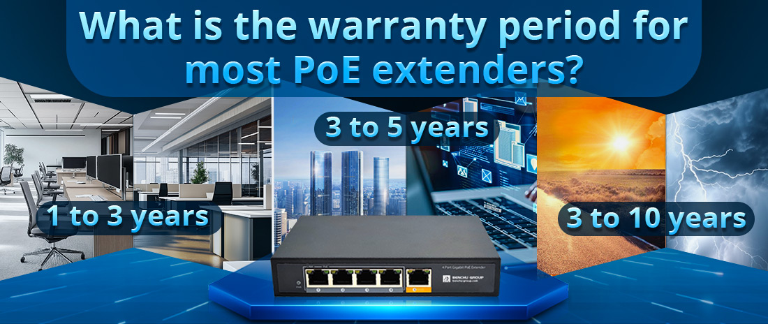 What is the warranty period for most PoE extenders
