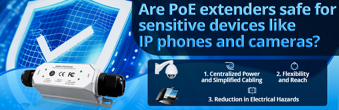 Are PoE extenders safe for sensitive devices like IP phones and cameras