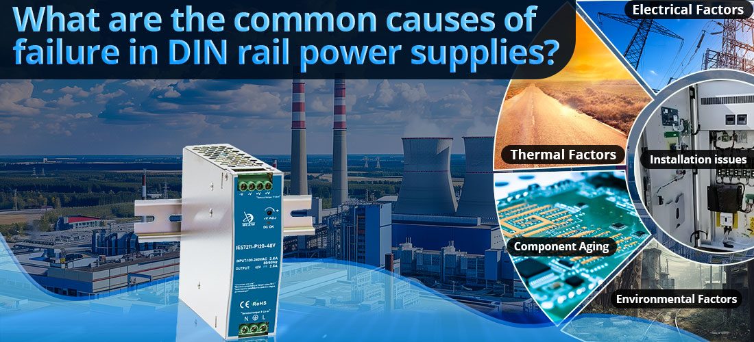What are the common causes of failure in DIN rail power supplies