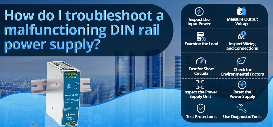 How do I troubleshoot a malfunctioning DIN rail power supply