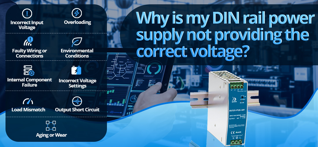 Why is my DIN rail power supply not providing the correct voltage