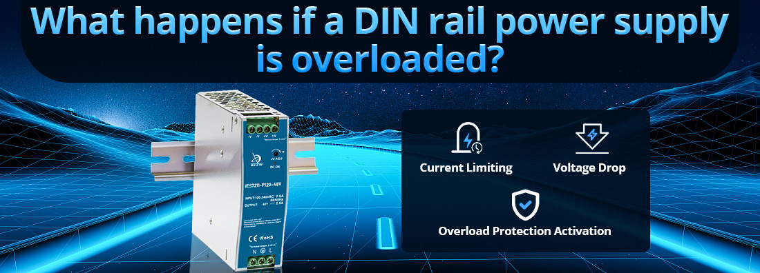 What happens if a DIN rail power supply is overloaded