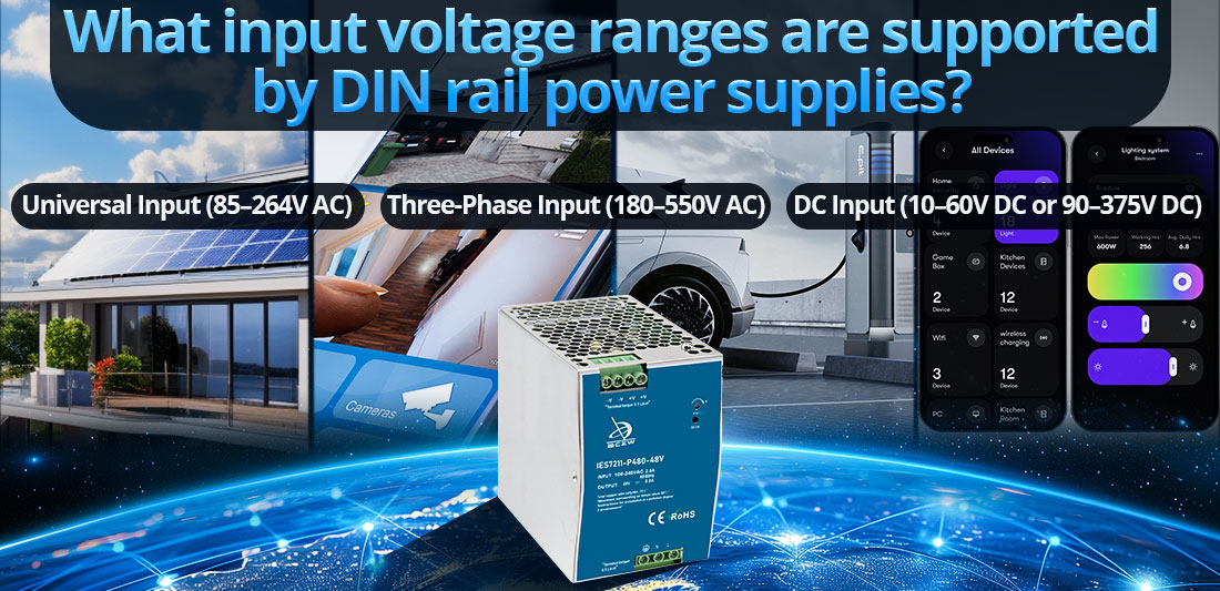 What input voltage ranges are supported by DIN rail power supplies