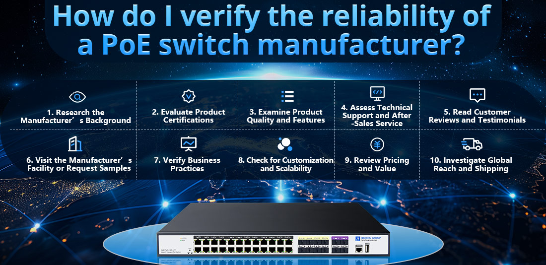 How do I verify the reliability of a PoE switch manufacturer