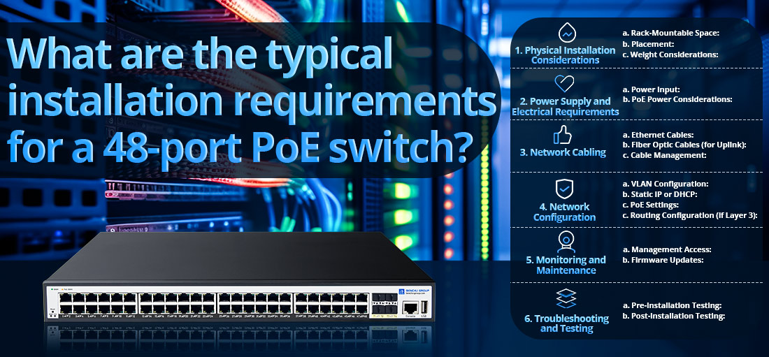 What are the typical installation requirements for a 48-port PoE switch