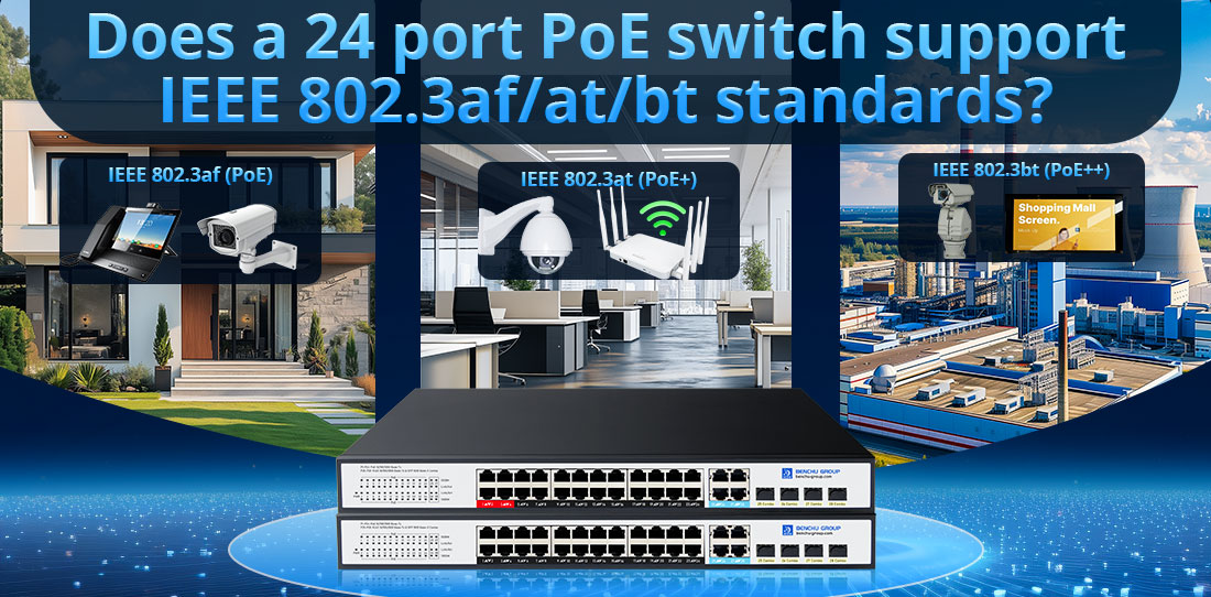Does a 24 port PoE switch support IEEE 802.3af/at/bt standards