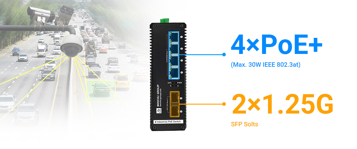 gigabit managed industrial PoE switch provide 4 PoE+ 10/100/1000Mbps RJ45 ports and 2-1.25G SPF