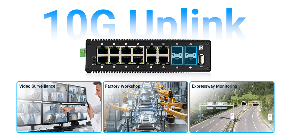 Industrial PoE switch features four 10G SFP+ optical ports for uplink provides ultra-high-speed connectivity Industrial PoE switch features four 10G SFP+ optical ports for uplink provides ultra-high-speed connectivity