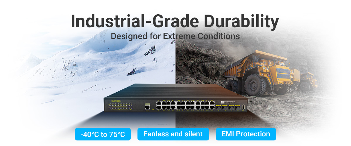 Managed 24 port industrial PoE switch operates in a wide temperature range (-40&deg;C to +75&deg;C) and resists shock