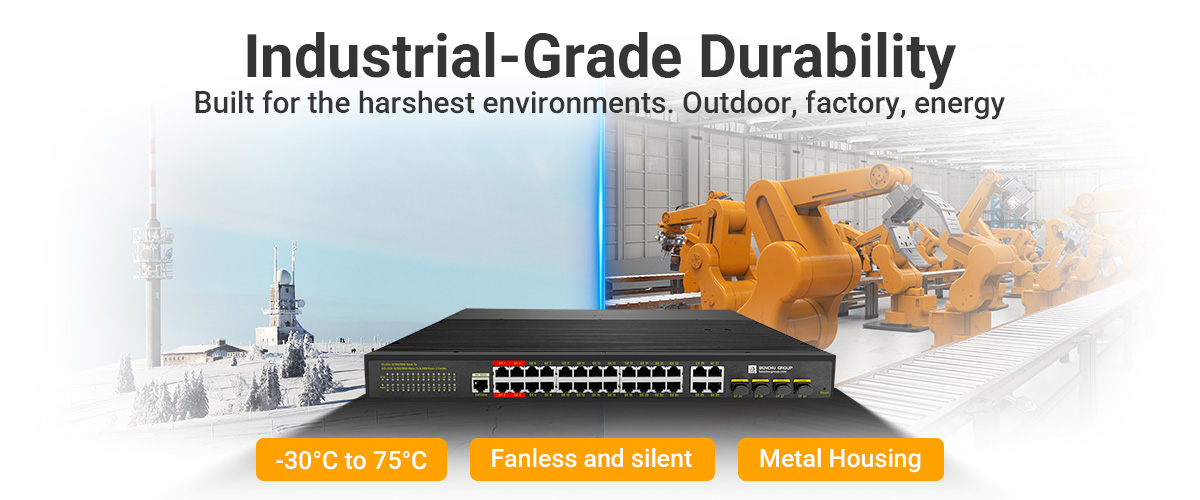 24 port gigabit managed industrial PoE++ switch operates efficiently in extreme temperatures ranging from -30&deg;C to 75&deg;C