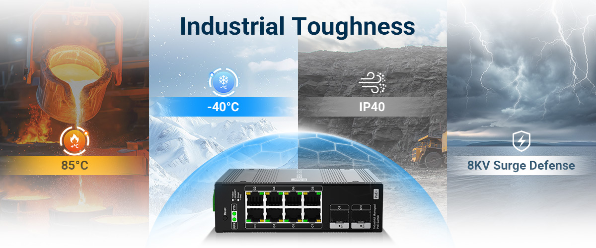 8 port industrial poe switch operates flawlessly from -40&deg;C to 75&deg;C with IP40 protection