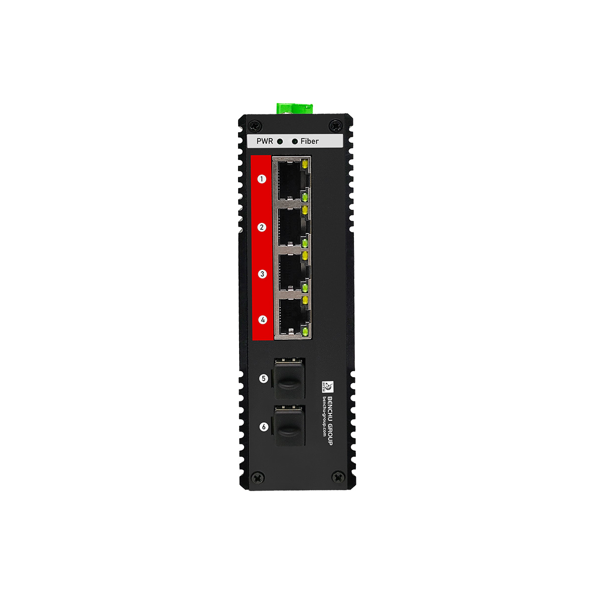 Close-up of 4 ports supporting IEEE 802.3bt 90W PoE power output for high-power PTZ cameras and Wi-Fi 6 APs.