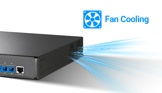 Enterprise Fan-Cooled Metallic PoF Core Switch side view of an enterprise-grade fan-cooled metallic PoF core switch, built in a robust metal chassis with active fan-based cooling for reliable thermal management in high-density fiber-powered network deployments.