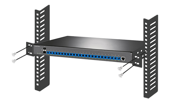 Standard 1U 19-Inch Rackmount Core PoF Switch A Power over Fiber switch featuring a standard rackmount design, with built-in mounting ears that fit standard 19-inch equipment racks or cabinets for organized, space-efficient installation in data centers and enterprise network environments.