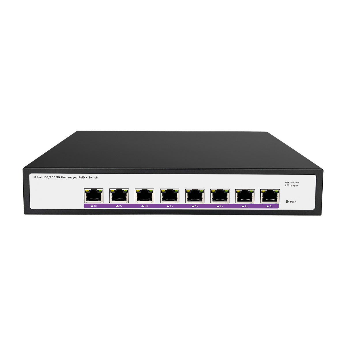 Front view of an 8-port 10G PoE++ switch showing port layout and LED indicators.