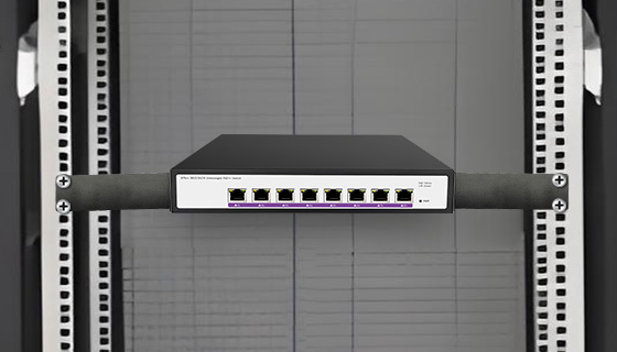 Versatile Compact Desktop Form-Factor and Rackmount Configurations Rugged metallic switch body showing rubber feet for desktop deployment alongside standard bracket ears for 19-inch IT cabinet server mounting.