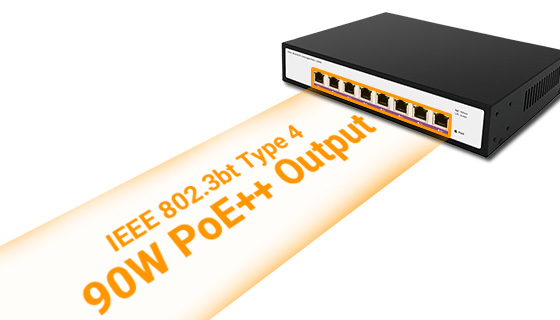 8-Port High-Power 90W PoE++ IEEE 802.3bt Type 4 Injection Dedicated high-speed network port delivering up to 90W IEEE 802.3bt Type 4 power output to drive high-draw terminal edge infrastructures.