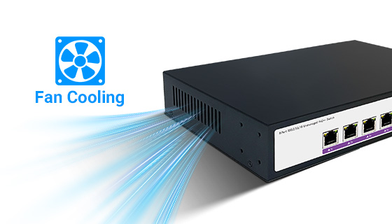 Intelligent Active Temperature Controlled Smart Cooling Fan Ventilation Side view of the metal switch cabinet enclosure showcasing optimized airflow mesh tracks and active high-efficiency smart fan systems.