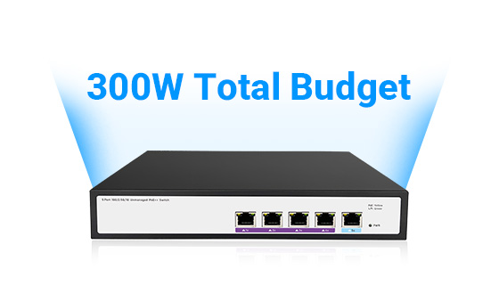 A robust 300W centralized power budget ensuring all four PoE downlinks run peak power loads simultaneously without dropping.
