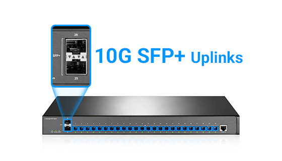 Dual 10G SFP+ Slots for Non-Blocking Backbone Aggregation Close-up view of two ultra-fast 10G SFP+ uplink ports delivering a massive 320Gbps non-blocking backplane switching capacity for data center aggregation.