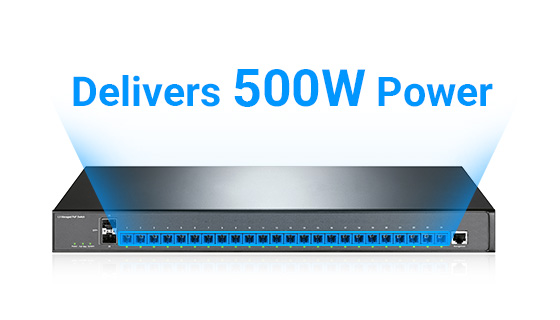 500W Centralized Optical Power Supply Integration Interior view of a heavy-duty industrial integrated AC power supply layout concentrating a 500W total budget pool across all 24 fiber ports.