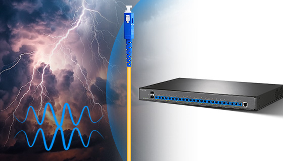 Data Channel Galvanic Isolation via Singlemode Glass Fiber Paths Diagram showing 100 percent data plane isolation over glass fiber paths, preventing high-voltage lightning propagation and grounding loops.