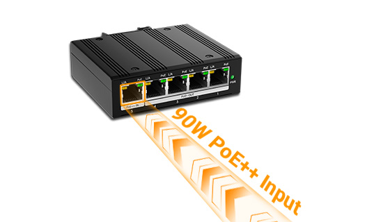 Industrial PoE passthrough switch upstream port receiving 90W high-power bt input from a distant midspan injector over copper.