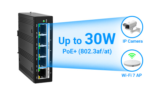 Single port delivering up to 30W peak power output under 802.3at standard for mid-power edge terminals.