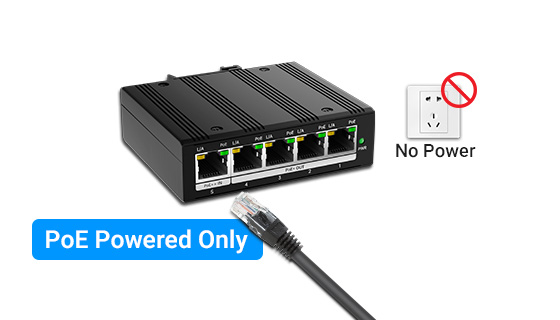 Sleek unmanaged switch casing showing pure PoE-driven layout with zero power brick cords or localized electrical mains.