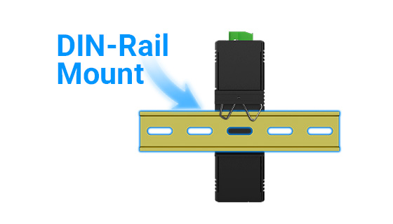 Rugged steel casing switch utilizing a standard 35mm din-rail rear mount clip for seamless industrial cabinet installation.