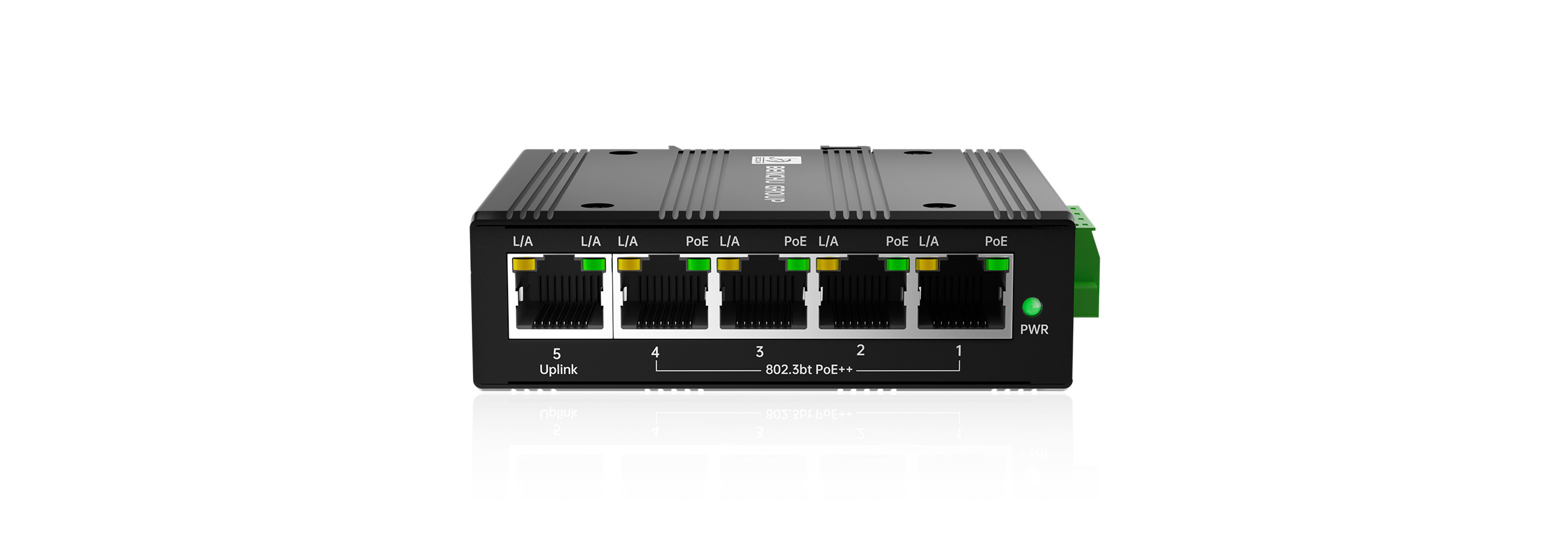 5-Port Gigabit Unmanaged Solar PoE Switch with Built-in 12V/24V to 48V/54V Voltage Booster (90W Max Output) 5-port industrial unmanaged solar-powered PoE++ switch featuring 12V 24V DC wide voltage input to 48V 54V step-up boost technology, 4 gigabit 90W PoE++ ports and 1 gigabit RJ45 uplink for off-grid solar surveillance