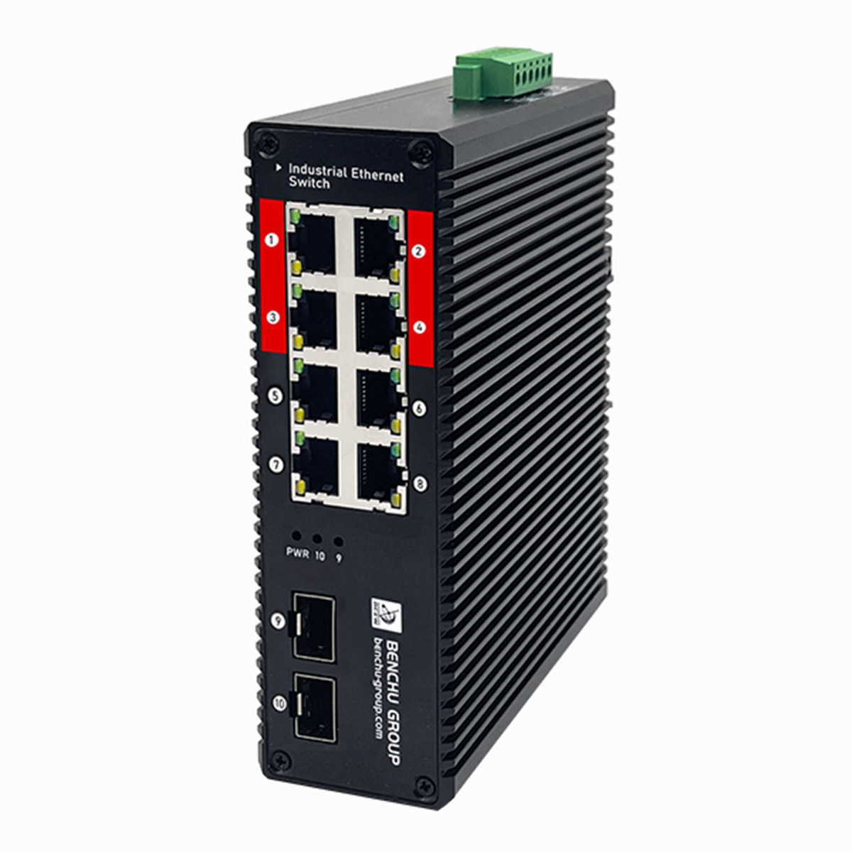 Benchu IES7211-8PGE2GF-4BT-DC Industrial PoE++ Switch Benchu IES7211-8PGE2GF-4BT-DC 8-port gigabit industrial PoE++ switch with DIN-rail mount and dual SFP fiber uplinks