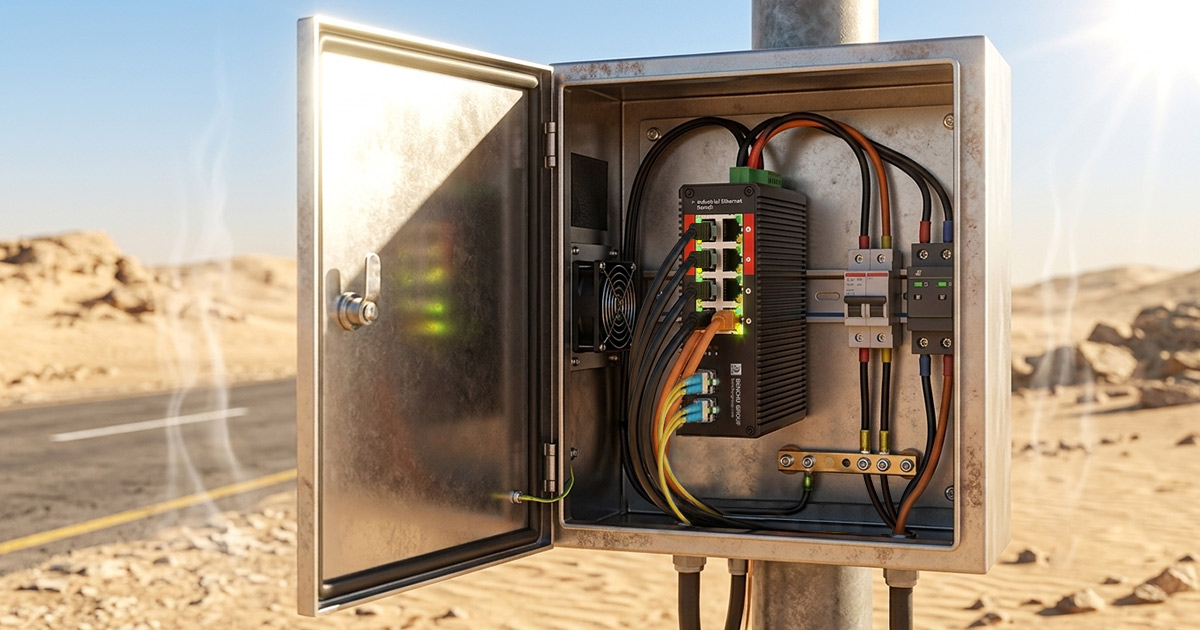 Benchu Industrial PoE++ Switch Heat-Resistance Scene Industrial PoE++ switch operating flawlessly inside an opened outdoor roadside cabinet under scorching desert sun heat waves