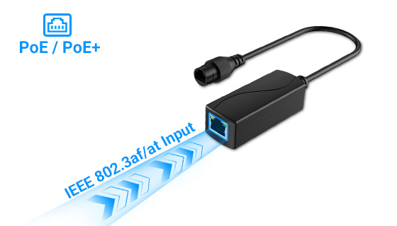 24W Gigabit PoE splitter PoE-SP01-AT with IEEE 802.3af/at PoE+ input from standard PoE switch.