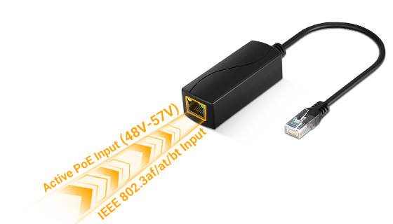 IEEE 802.3af/at/bt Active PoE Input Port for Industrial Converter Industrial active-to-passive PoE converter receiving IEEE 802.3af/at/bt compliant 48V-57V power from standard PoE switch with hardware handshake detection.