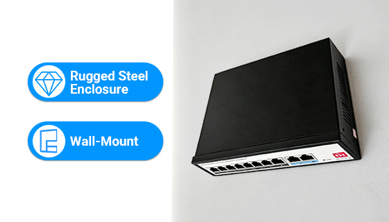 Wall-Mountable Heavy-Duty Galvanized Steel Housing Durable metal housing ethernet switch with integrated wall-mounting brackets for compact and secure field installation.